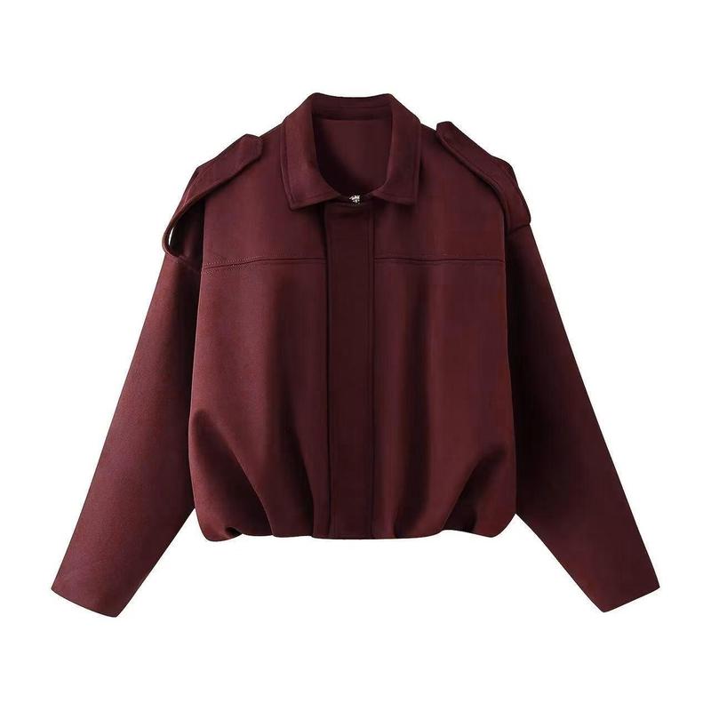 Suede Bomber Jacket Women's Brown Oversized Collared – Casual, Autumn Layering Everyday Outerwear