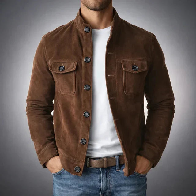 Suede Jacket Men's Army Green Stand Collar Button-Up – Casual, Office, Holiday, Gift