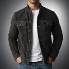 Suede Jacket Men's Army Green Stand Collar Button-Up – Casual, Office, Holiday, Gift