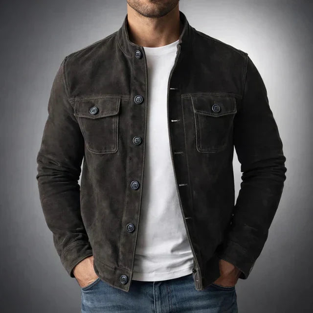 Suede Jacket Men's Army Green Stand Collar Button-Up – Casual, Office, Holiday, Gift