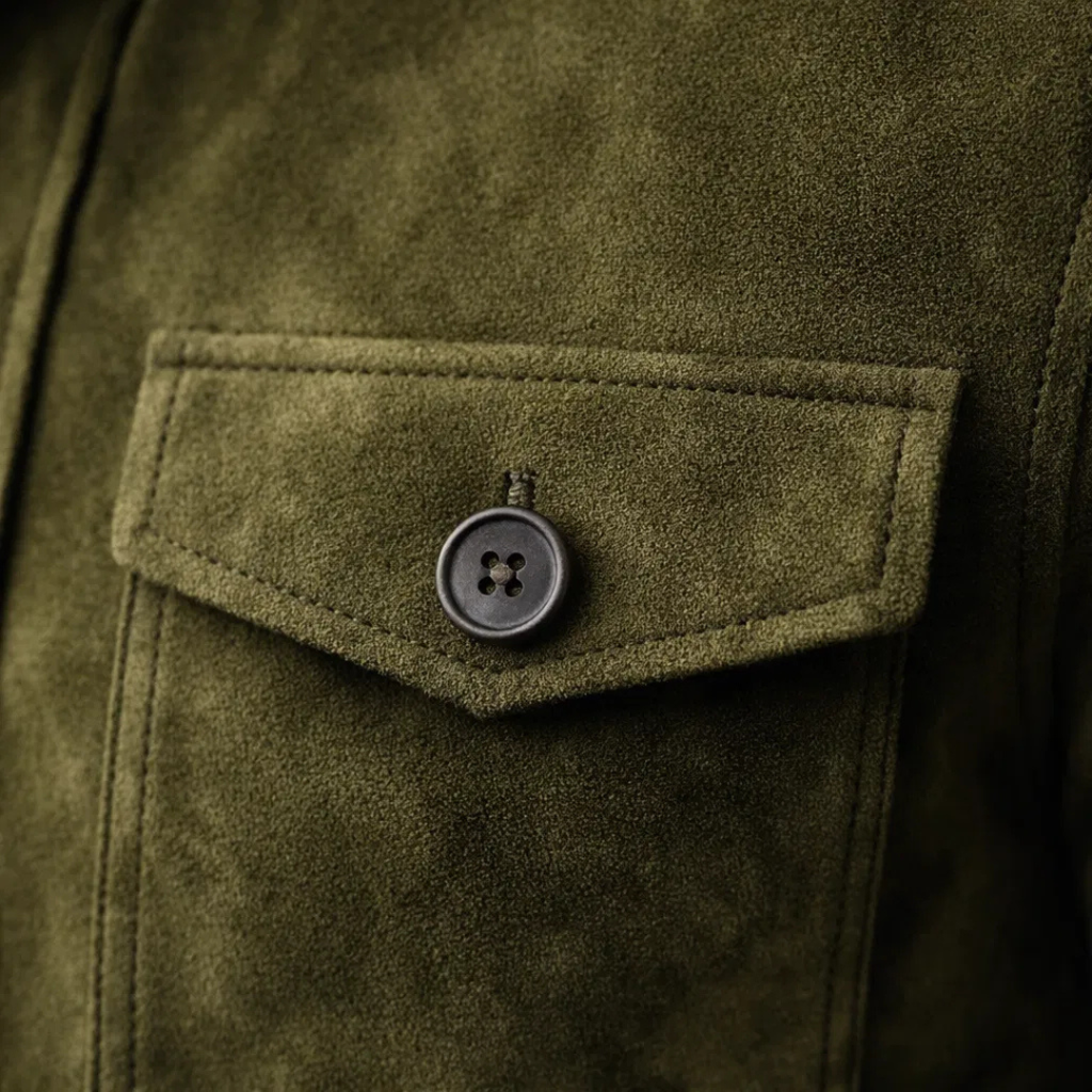 Suede Jacket Men's Army Green Stand Collar Button-Up – Casual, Office, Holiday, Gift
