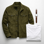 Suede Jacket Men's Army Green Stand Collar Button-Up – Casual, Office, Holiday, Gift