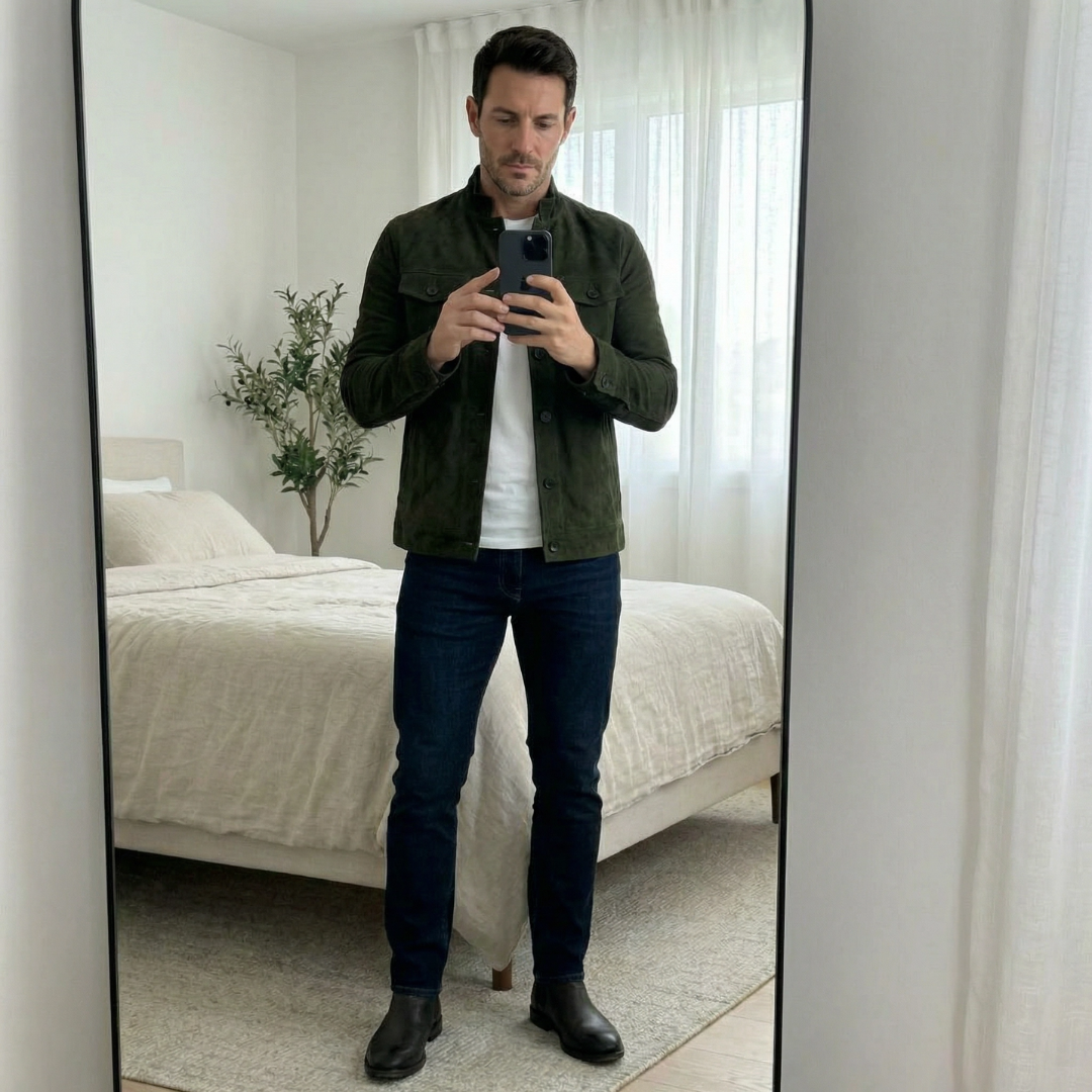 Suede Jacket Men's Army Green Stand Collar Button-Up – Casual, Office, Holiday, Gift