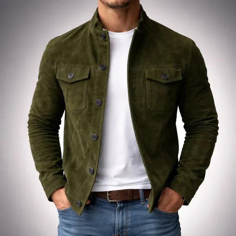 Suede Jacket Men's Army Green Stand Collar Button-Up – Casual, Office, Holiday, Gift