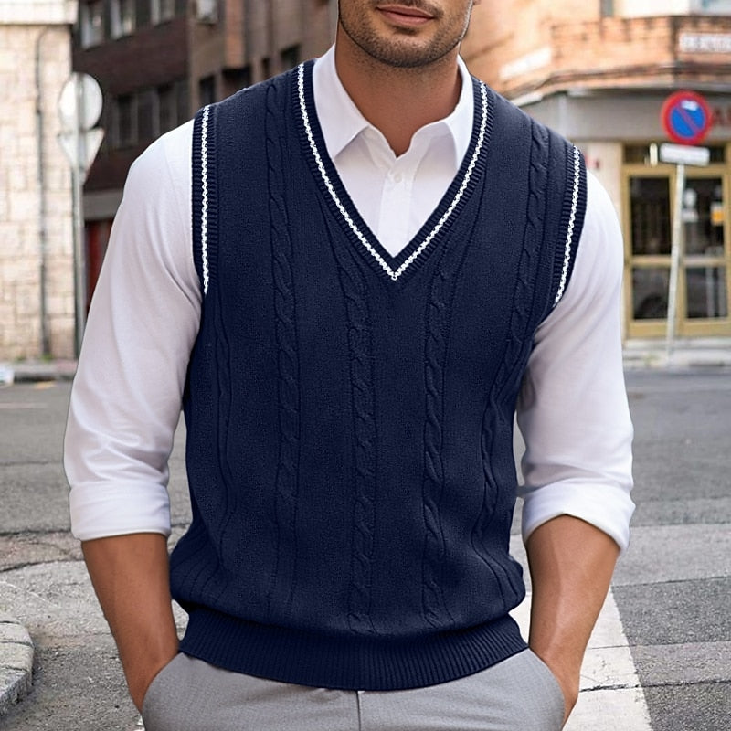 Sweater Vest Cable-Knit V-Neck Navy Men's – Casual, Office, Layering, Gift · Werune