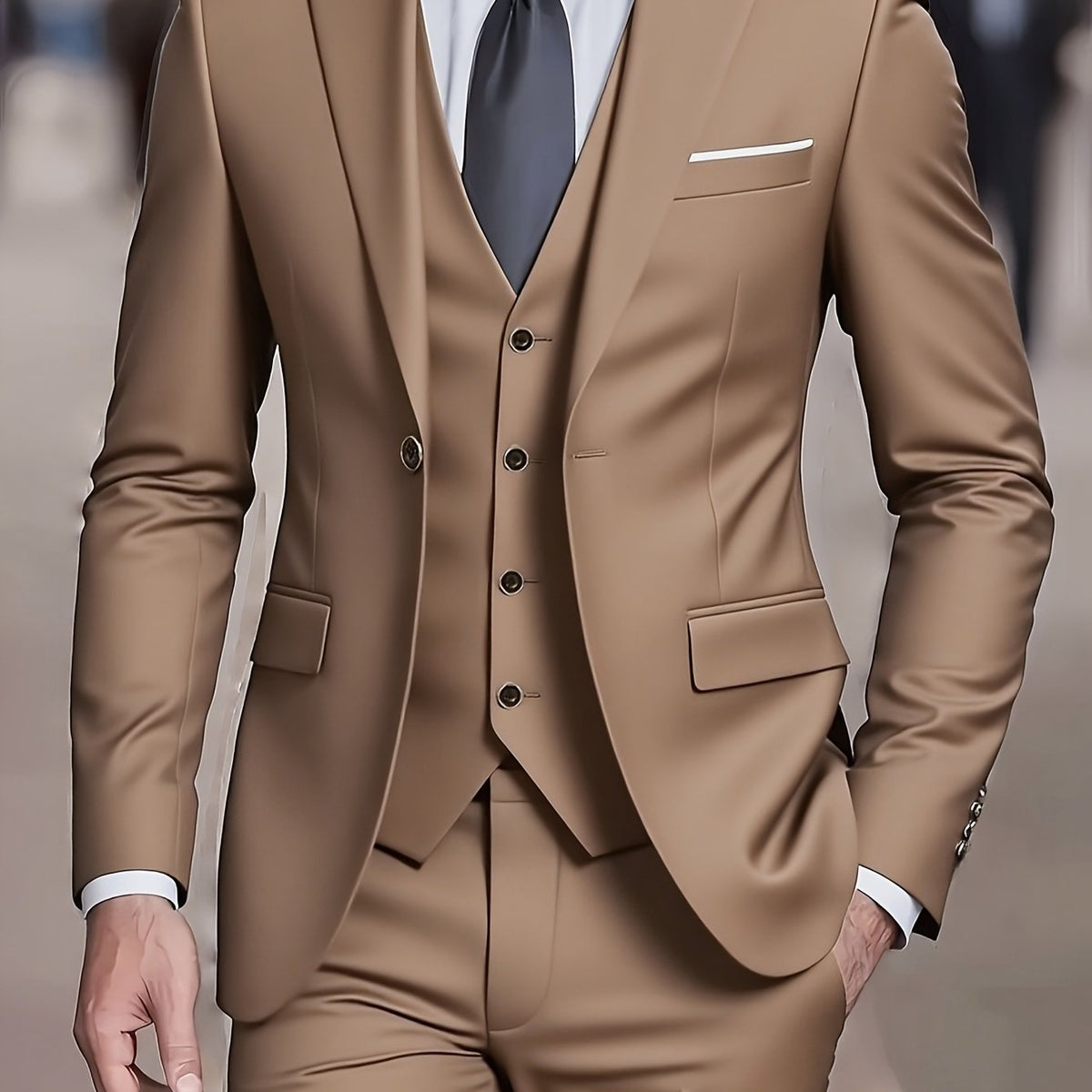 Three-Piece Suit Tan Slim-Fit Men's Blazer Waistcoat Trousers – Wedding, Office, Formal, Gift