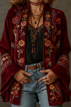 Velvet Cardigan Women's Bohemian Open Front Kimono Jacket Multicolour Print – Casual, Holiday Layering
