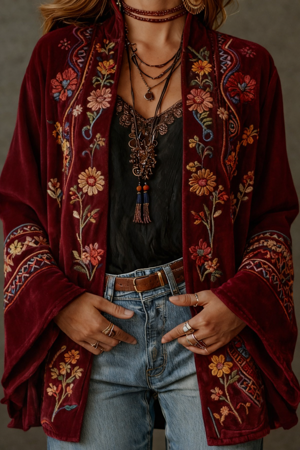 Velvet Cardigan Women's Bohemian Open Front Kimono Jacket Multicolour Print – Casual, Holiday Layering