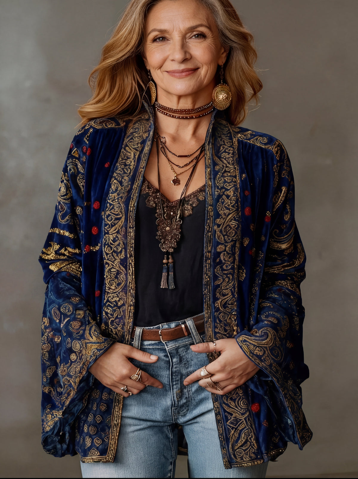 Velvet Cardigan Women's Bohemian Open Front Kimono Jacket Multicolour Print – Casual, Holiday Layering