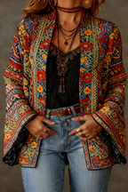 Velvet Cardigan Women's Bohemian Open Front Kimono Jacket Multicolour Print – Casual, Holiday Layering