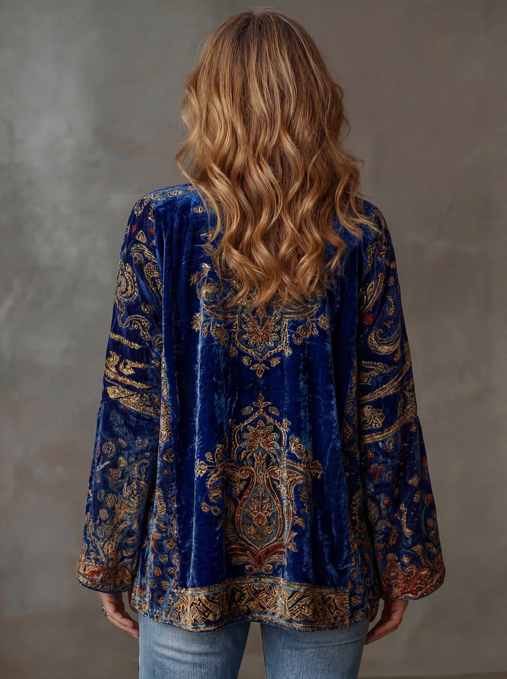 Velvet Cardigan Women's Bohemian Open Front Kimono Jacket Multicolour Print – Casual, Holiday Layering