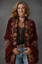 Velvet Cardigan Women's Bohemian Open Front Kimono Jacket Multicolour Print – Casual, Holiday Layering