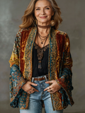 Velvet Cardigan Women's Bohemian Open Front Kimono Jacket Multicolour Print – Casual, Holiday Layering