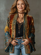 Velvet Cardigan Women's Bohemian Open Front Kimono Jacket Multicolour Print – Casual, Holiday Layering