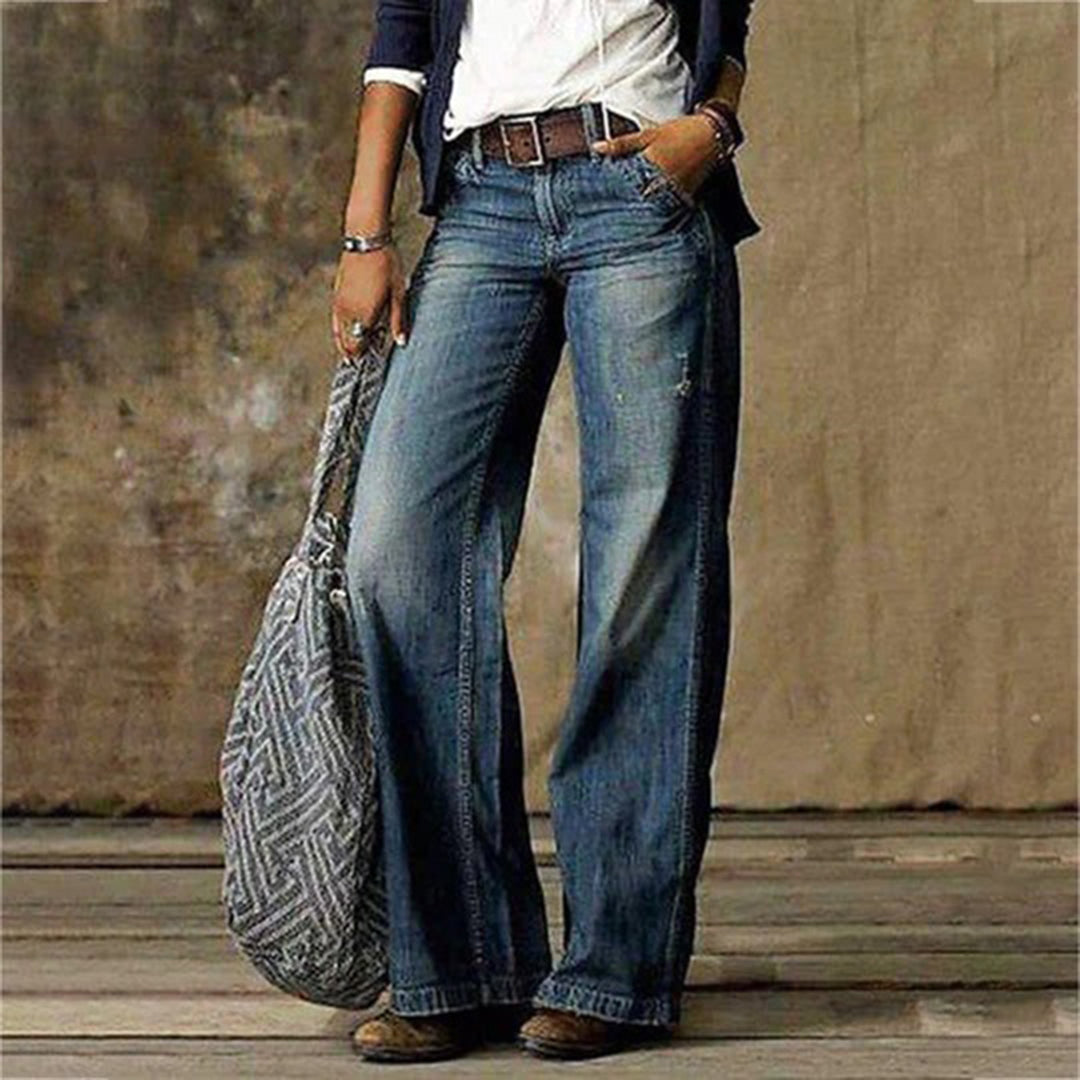 Wide-Leg Jeans Denim Vintage Washed Women's High Waist Trousers – Casual, Office, Holiday