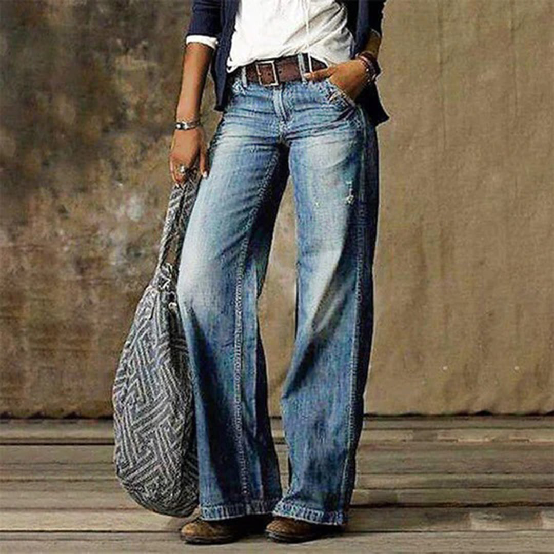 Wide-Leg Jeans Denim Vintage Washed Women's High Waist Trousers – Casual, Office, Holiday